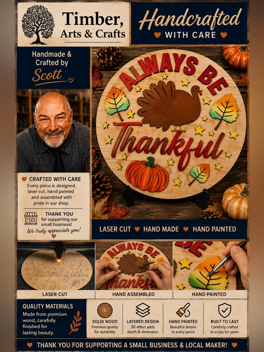 Hand Crafted Wooden " Always Be Thankful“  Door Hanger Laser Cut NWT